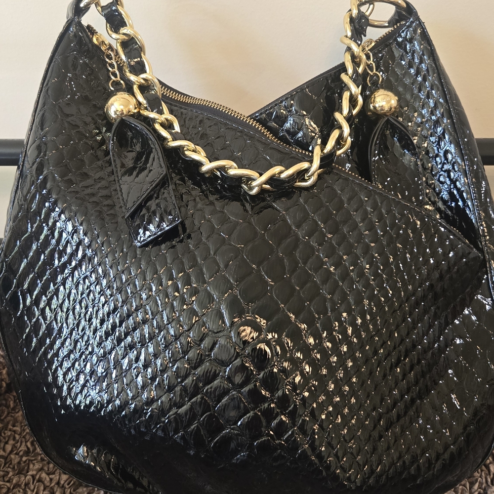 Gianni Bini Black Patent Quilted Hobo with Gold Chain